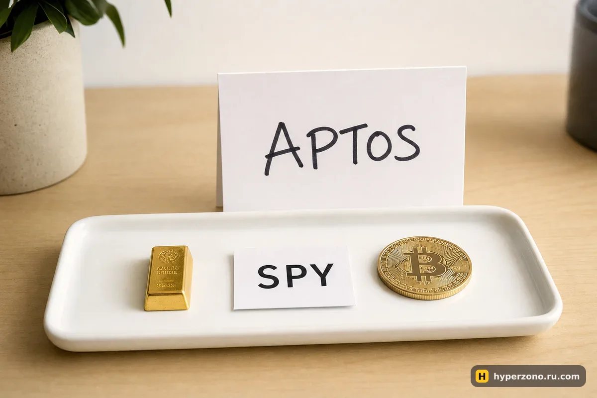Поднос с золотым слитком, карточкой SPY и монетой биткоина, рядом карточка с надписью Aptos
