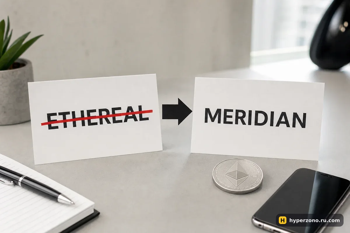 Две карточки на столе: зачёркнутое название Ethereal и новое Meridian, между ними стрелка и монета Ethereum