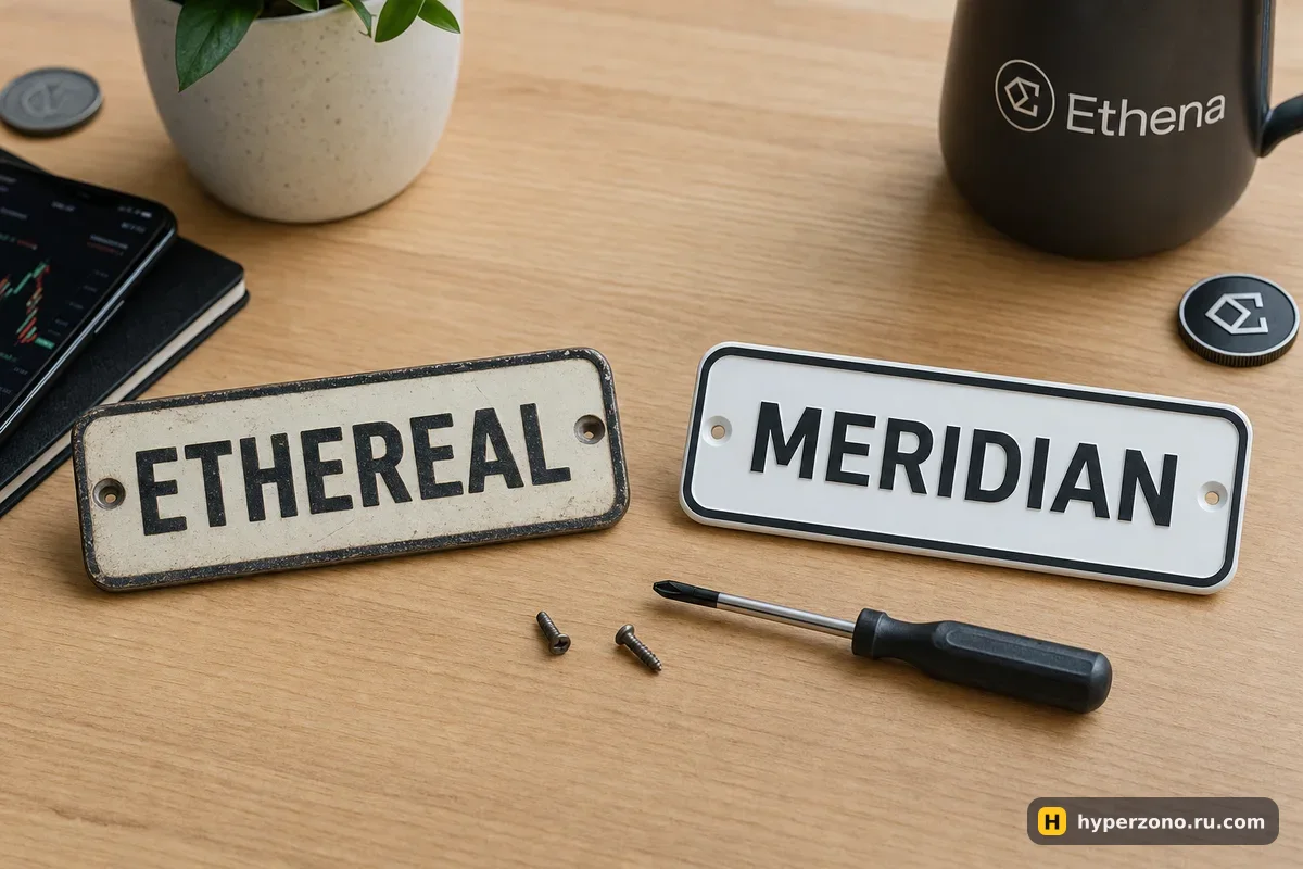 Две таблички на столе: старая с надписью ETHEREAL и новая с надписью MERIDIAN