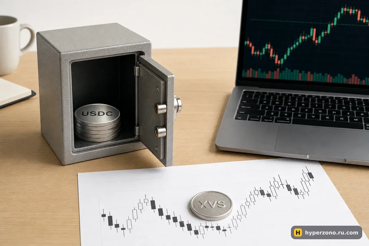 Стальной сейф с монетами USDC, рядом токен XVS лежит на распечатанном графике