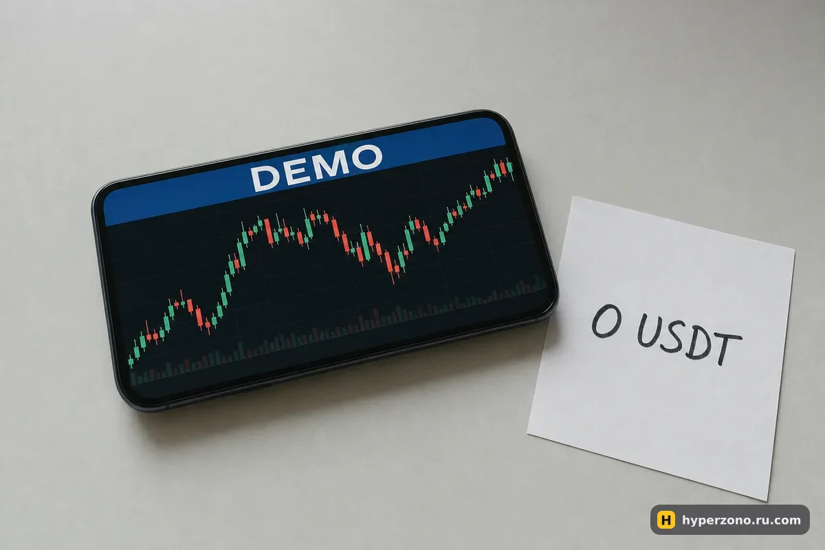 Телефон с графиком биткоина и крупной надписью DEMO рядом с запиской «0 USDT»