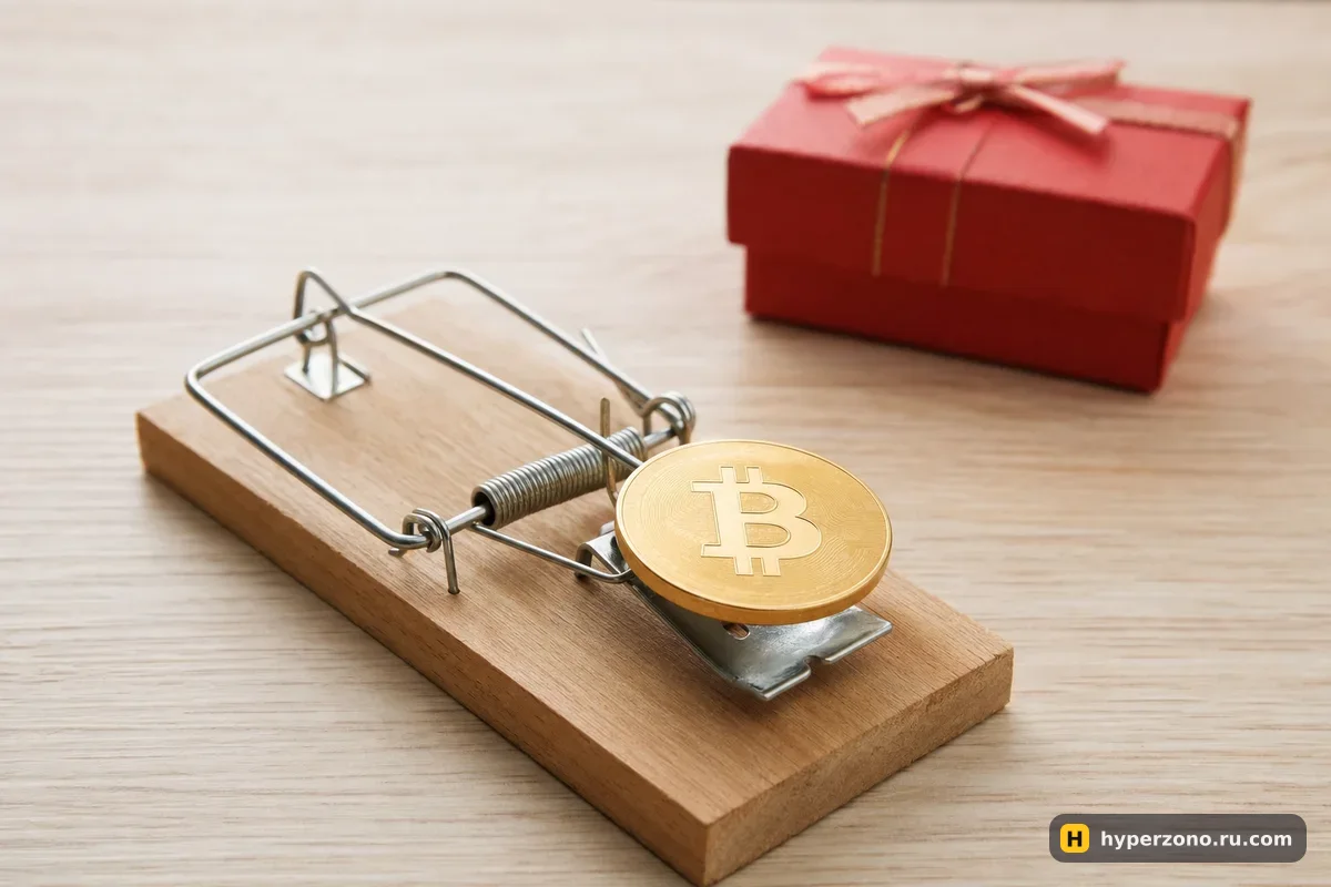 Мышеловка с золотой монетой биткоина вместо приманки и подарочная коробка на заднем плане