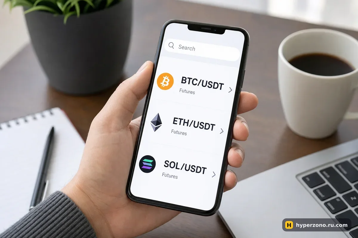 Телефон с открытой вкладкой фьючерсов и списком пар BTC/USDT, ETH/USDT