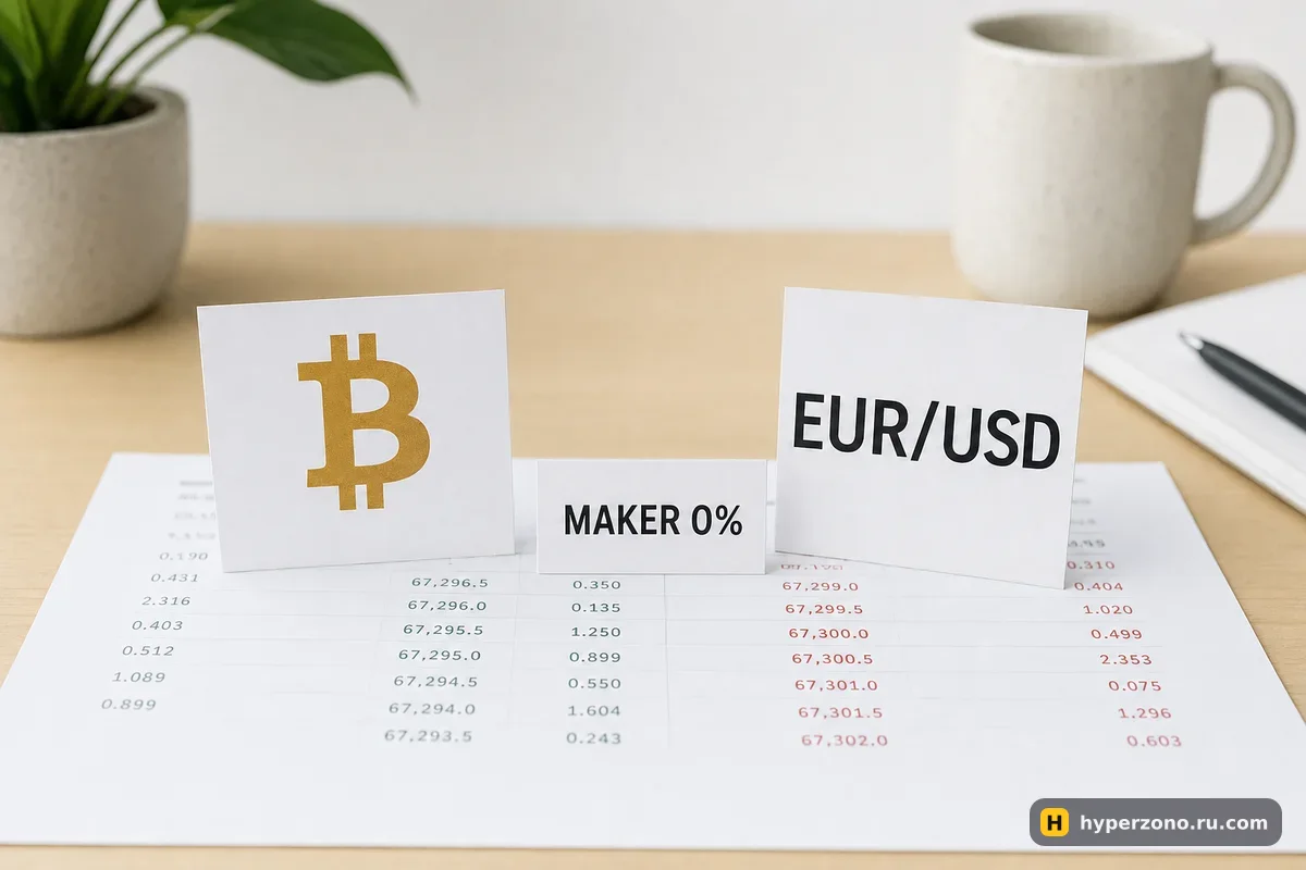 Карточка с символом биткоина и карточка EUR/USD стоят на распечатанном списке заявок, между ними бирка «MAKER 0%»