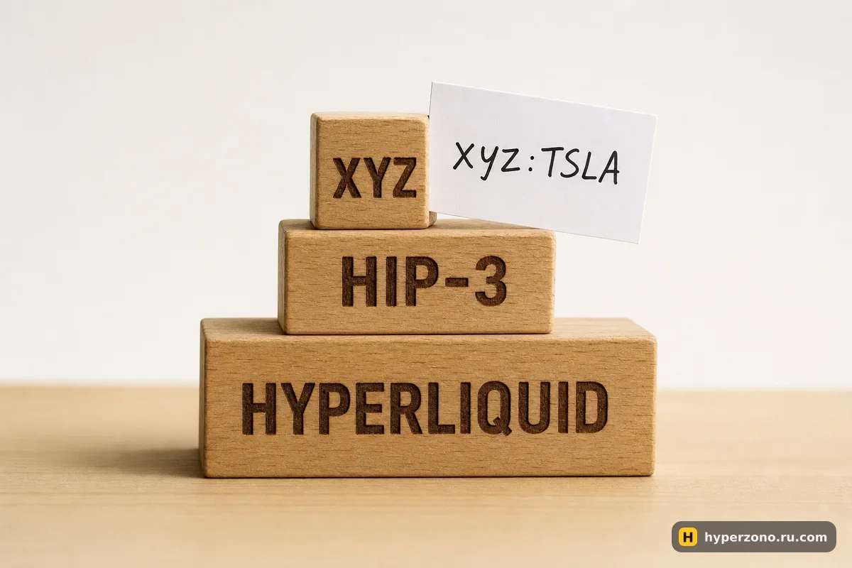 Три деревянных бруска, сложенных башенкой: Hyperliquid, HIP-3 и xyz, рядом карточка xyz:TSLA