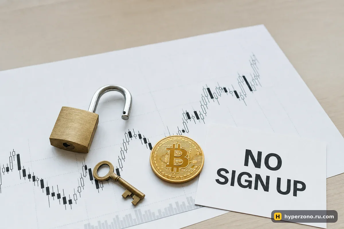 Ключ и открытый замок на распечатанном свечном графике рядом с монетой биткоина и карточкой с надписью NO SIGN UP