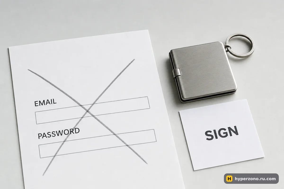 Перечёркнутая бумажная анкета с полями EMAIL и PASSWORD и металлический брелок-кошелёк рядом с карточкой SIGN
