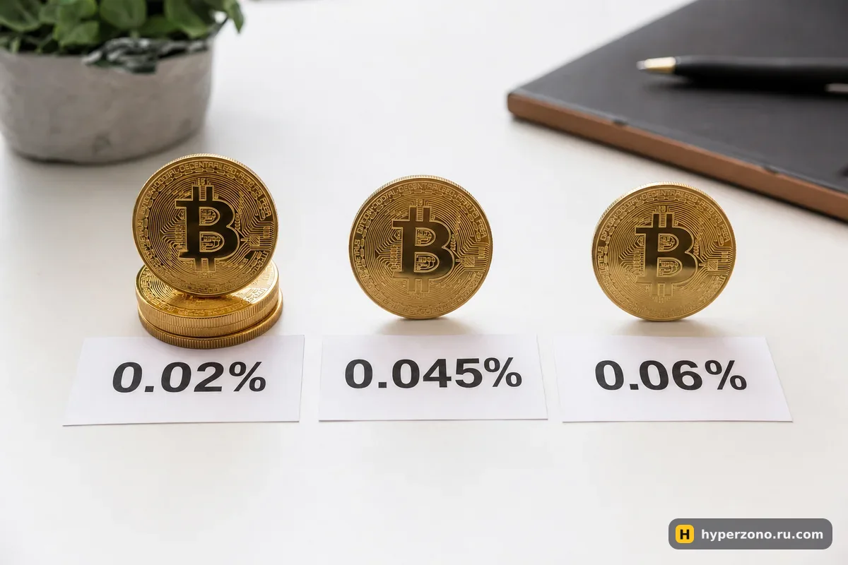 Три монеты биткоина на белом столе, под каждой карточка с размером комиссии: 0,02%, 0,045% и 0,06%
