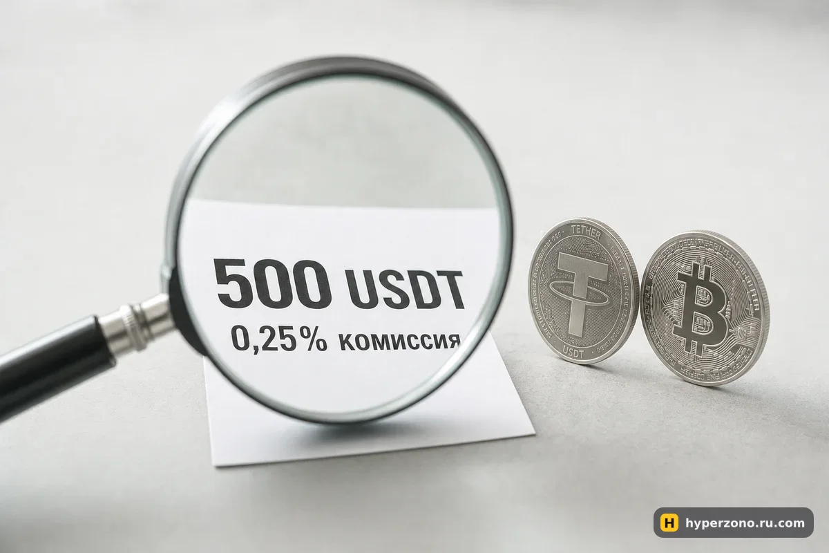 Лупа над бумажкой с суммой сделки 500 USDT и комиссией 0,25 и две маленькие монетки