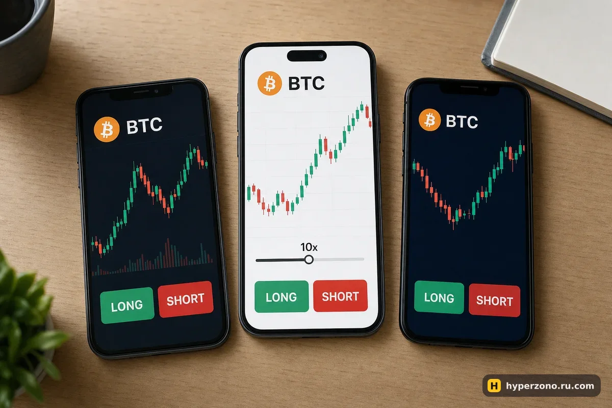 Три смартфона на деревянном столе с графиками BTC и кнопками LONG и SHORT