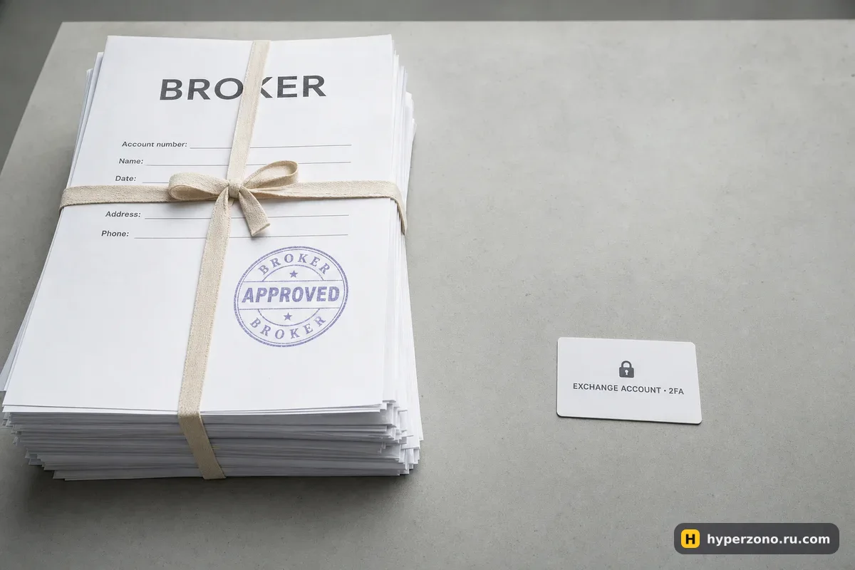 Толстая папка документов с надписью BROKER слева и маленькая карта с надписью EXCHANGE ACCOUNT справа