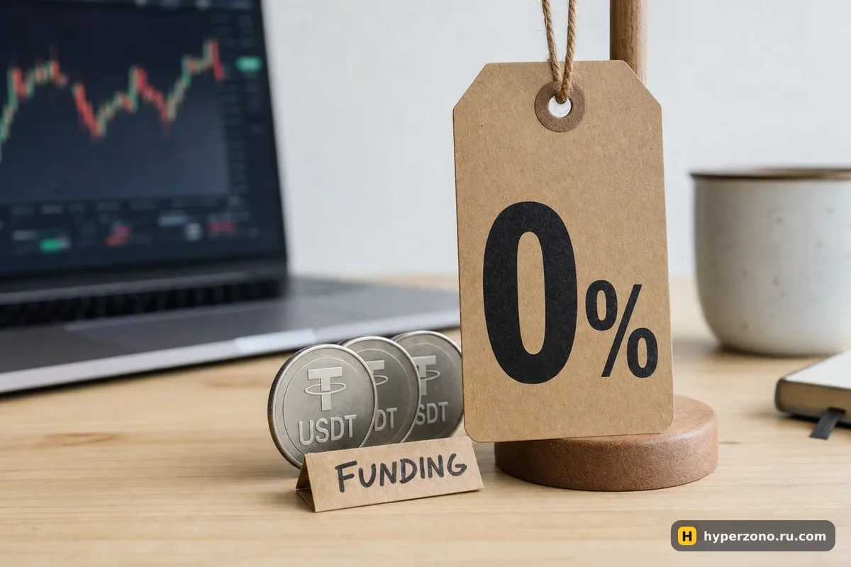 Ценник с надписью 0% закрывает собой монеты USDT и записку со словом funding