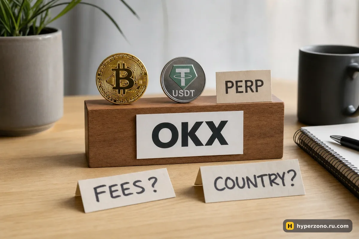 Деревянная подставка с надписью OKX, на ней монеты BTC и USDT и бирка PERP, рядом записки с вопросами о комиссиях и стране