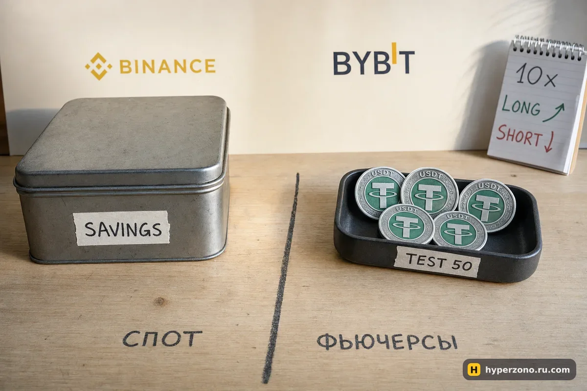 Закрытая банка с надписью SAVINGS и отдельный лоток с пятью монетами USDT и биркой TEST 50