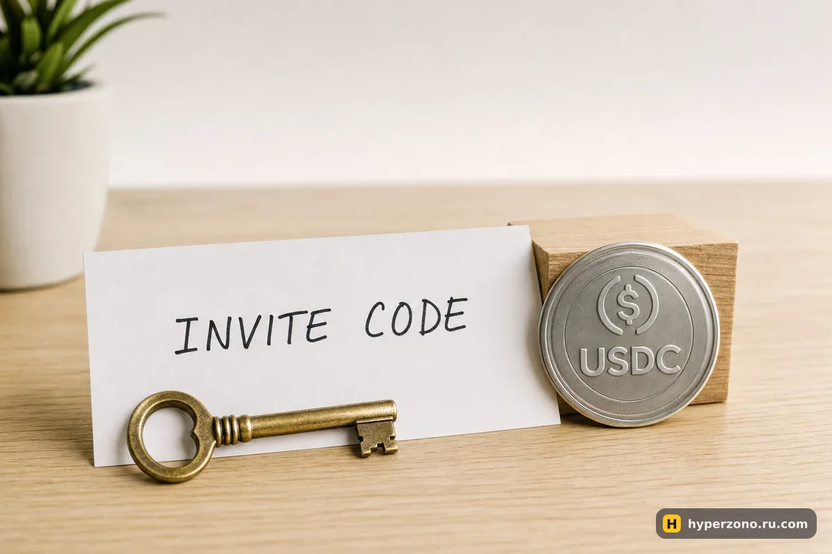 Латунный ключ на карточке с надписью INVITE CODE и монета USDC на деревянном столе