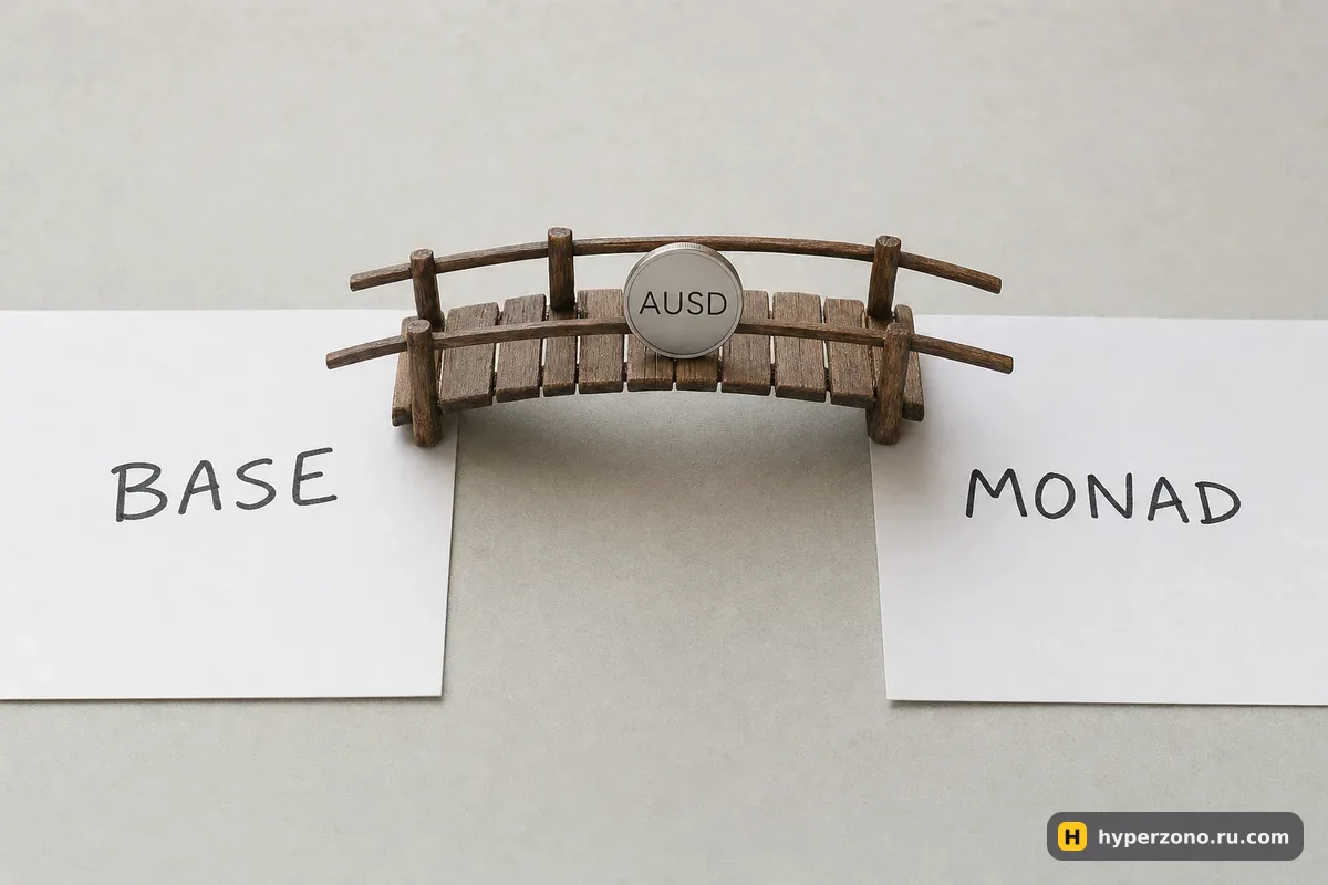 Игрушечный мостик между карточками BASE и MONAD, на нём монета AUSD