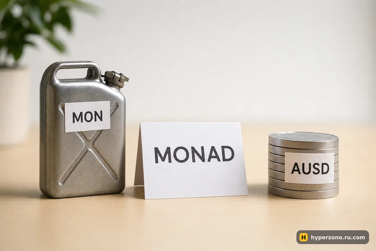 Канистра с подписью MON и стопка монет с биркой AUSD на столе