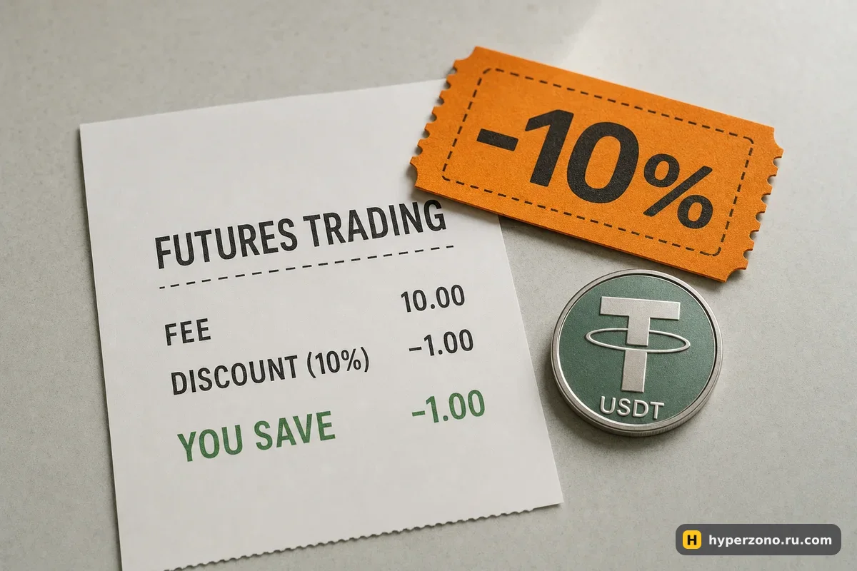 Бумажный чек с комиссией, купон со скидкой 10% и монета USDT