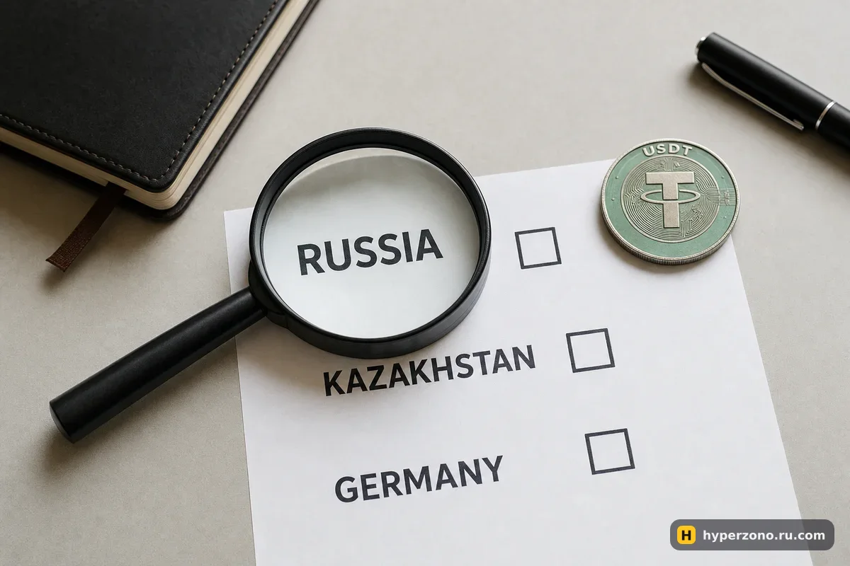 Бумажный список стран с пустыми галочками, лупа над строкой RUSSIA и монета USDT на столе