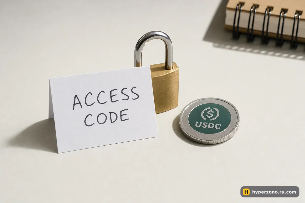 Карточка с надписью ACCESS CODE, закрытый латунный замок и монета USDC на столе