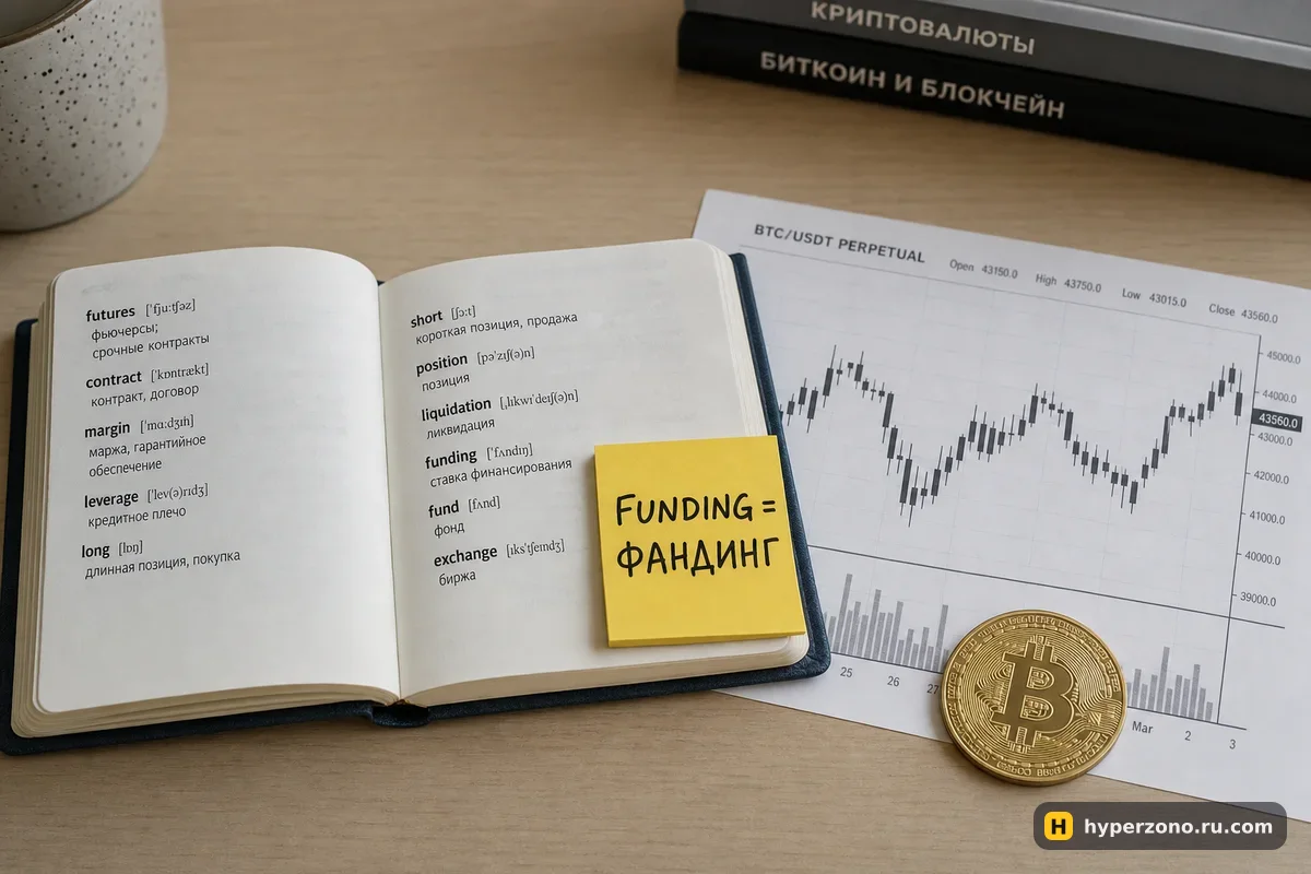 Карманный словарь со стикером «FUNDING = ФАНДИНГ», рядом монета биткоина на распечатанном графике