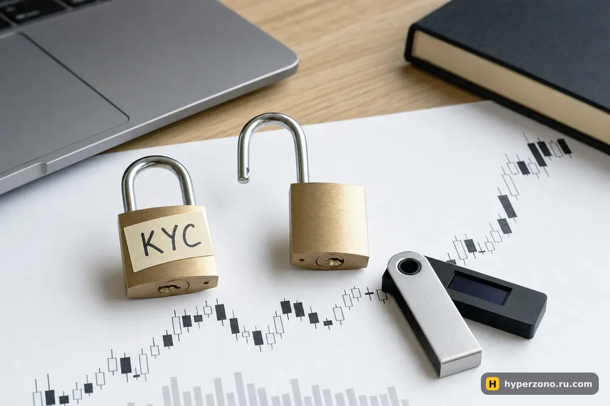 Закрытый замок с биркой KYC рядом с открытым замком и криптокошельком на свечном графике