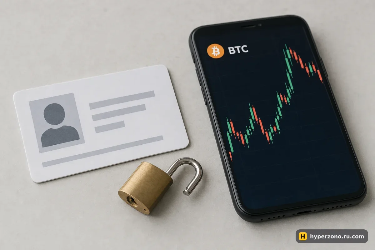 Удостоверение личности, телефон с графиком биткоина и открытый замок на столе