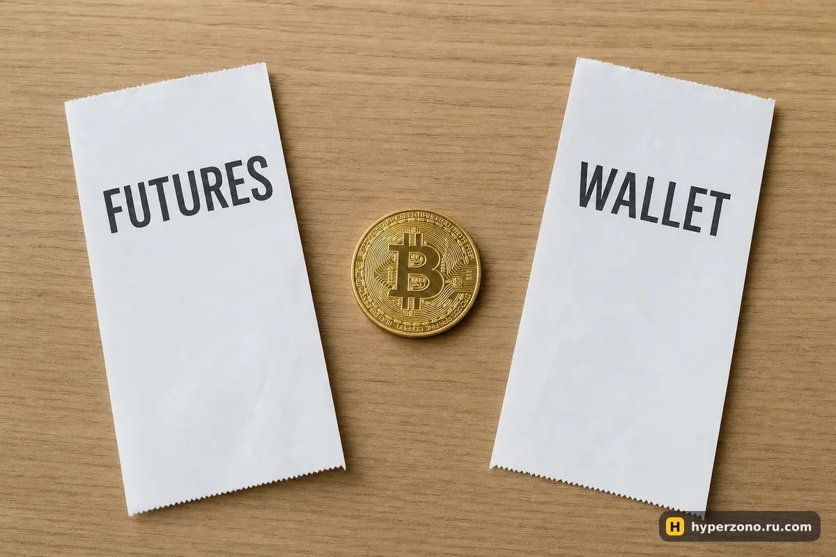 Одна монета биткоина и два чека с надписями FUTURES и WALLET по бокам