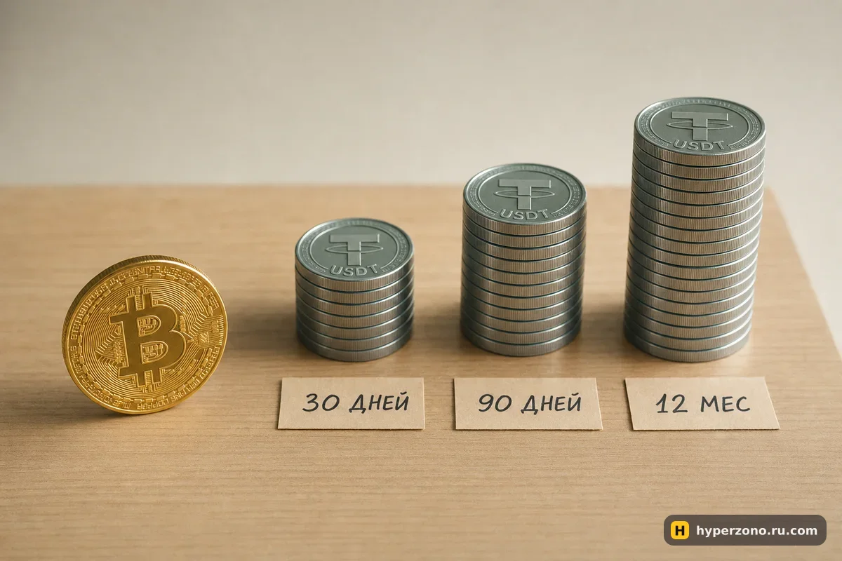 Монета биткоина и три стопки монет USDT разной высоты с бумажными ярлыками 30 дней, 90 дней, 12 месяцев
