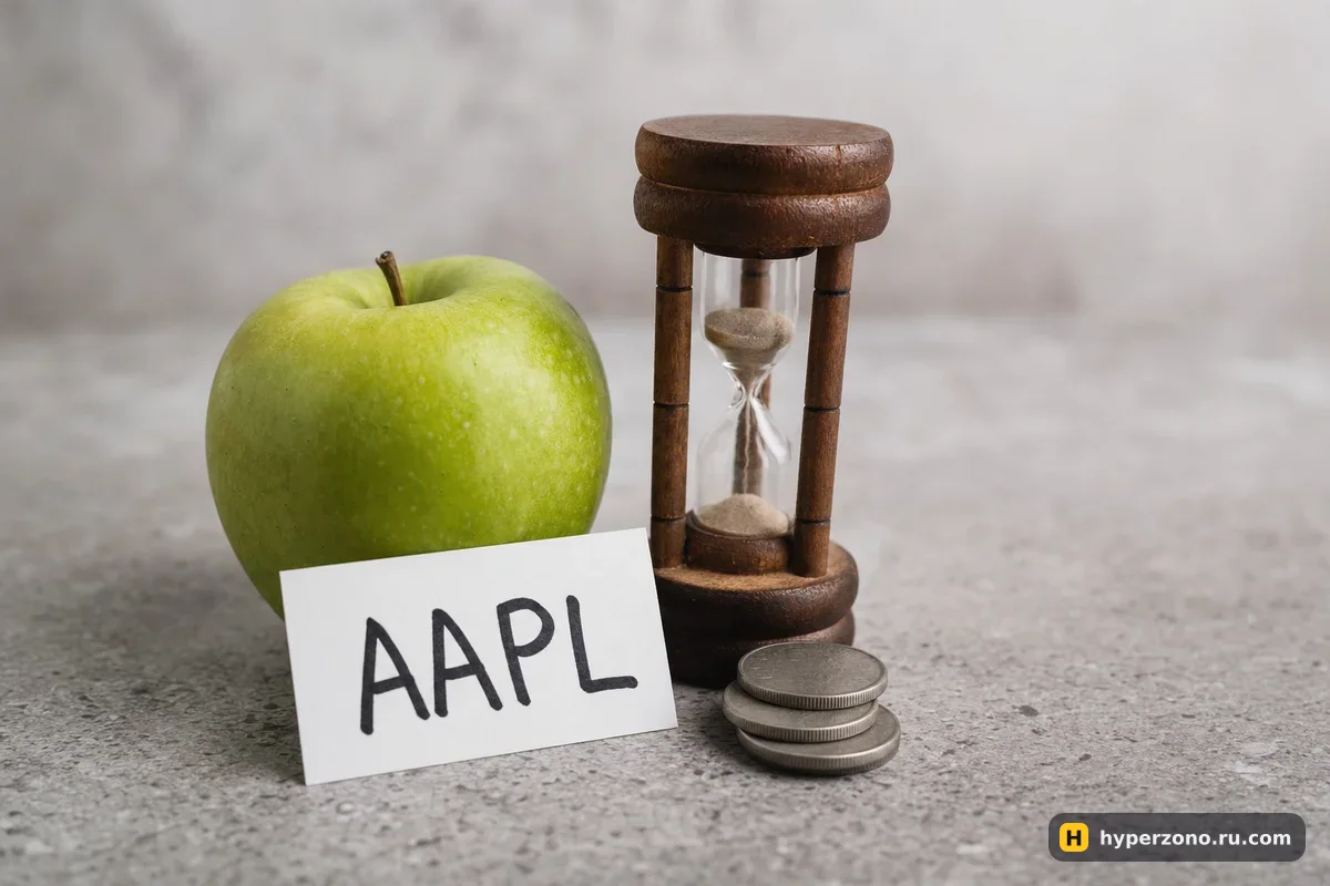 Зелёное яблоко с карточкой AAPL, песочные часы и стопка монет на светлом столе