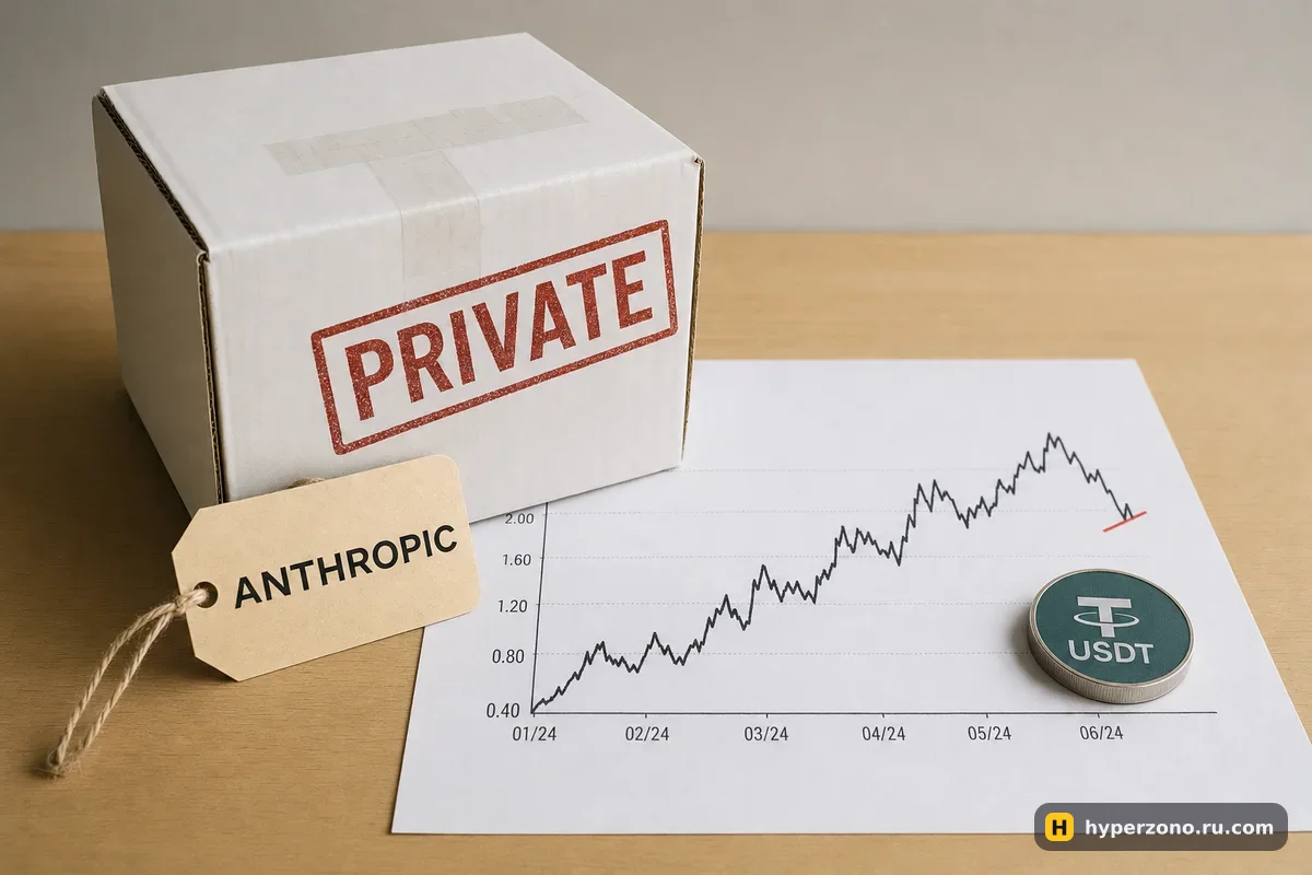Закрытая коробка с надписью PRIVATE и ярлыком ANTHROPIC рядом с распечатанным графиком цены и монетой USDT