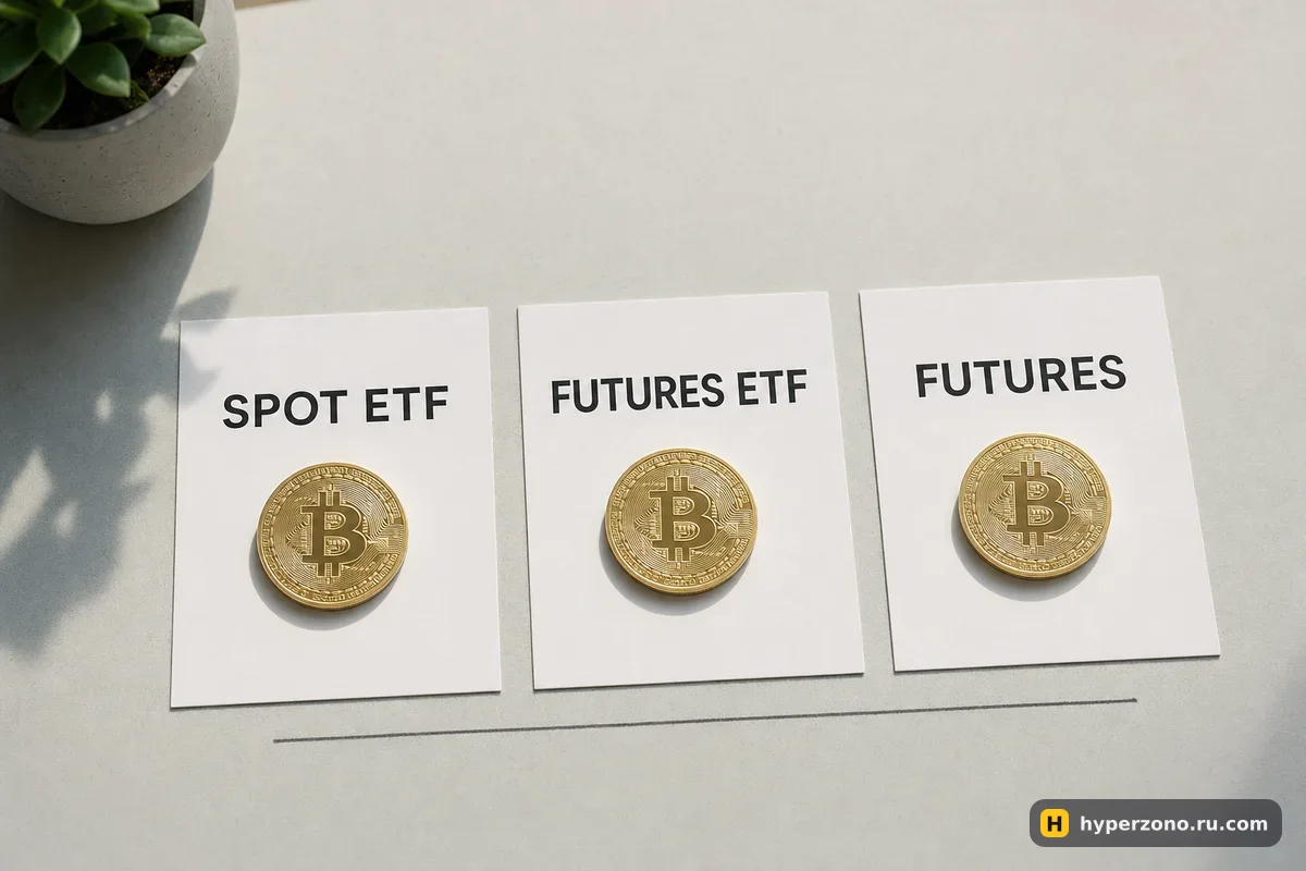 Три белые карточки с надписями SPOT ETF, ETF и FUTURES, на каждой лежит золотая монета биткоина