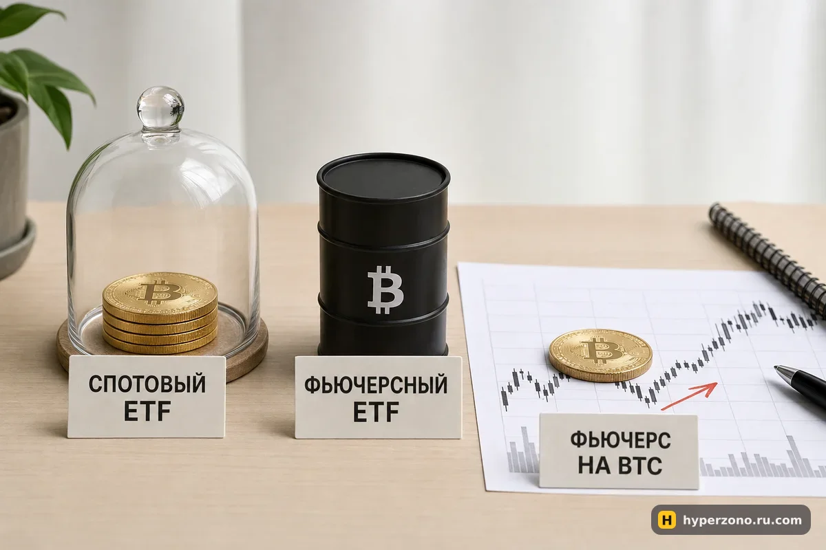 Монеты биткоина под стеклянным колпаком с биркой FUND и одна монета на свечном графике рядом