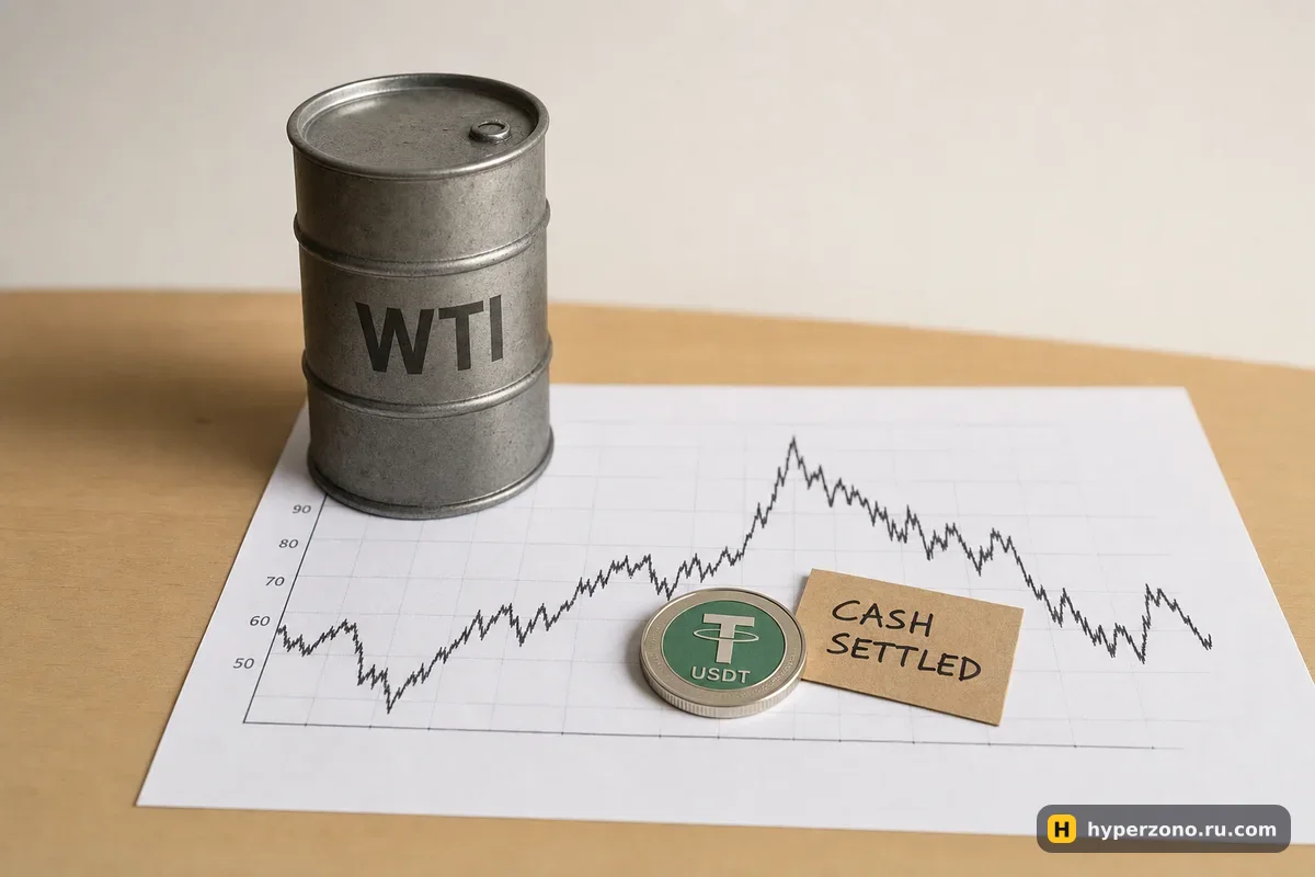 Маленькая металлическая бочка с надписью WTI на распечатанном графике цены нефти, рядом монета USDT и бумажная бирка