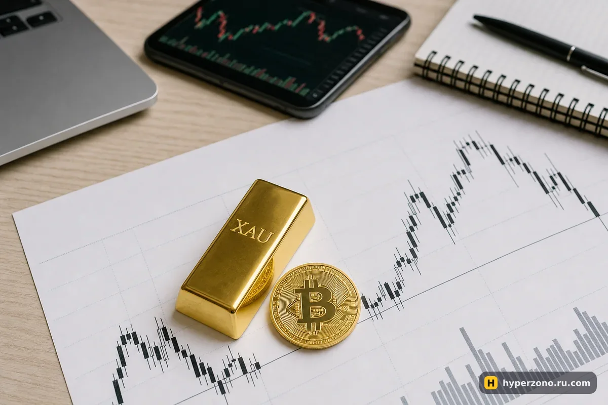 Слиток золота с маркировкой XAU и монета биткоина лежат на распечатанном свечном графике