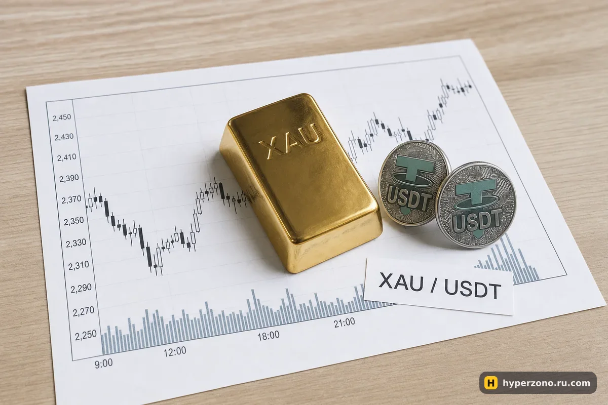 Золотой слиток с надписью XAU на распечатанном графике цены, рядом монеты USDT и бумажный ценник XAU/USDT