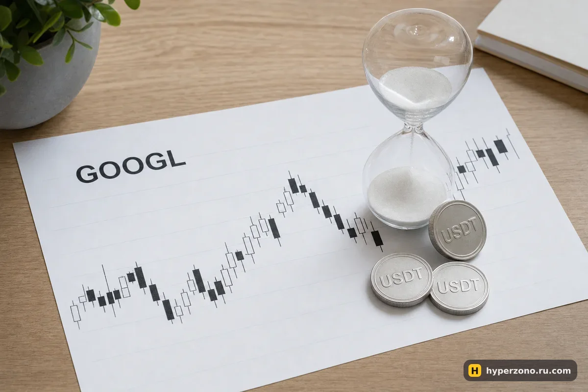 Распечатанный свечной график с надписью GOOGL, песочные часы и монеты USDT на столе