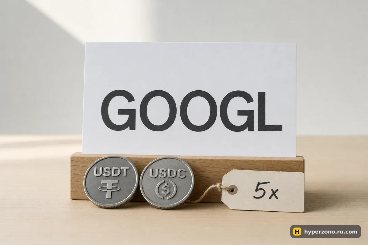 Табличка с тикером GOOGL, монеты USDT и USDC и бирка 5x на деревянном столе