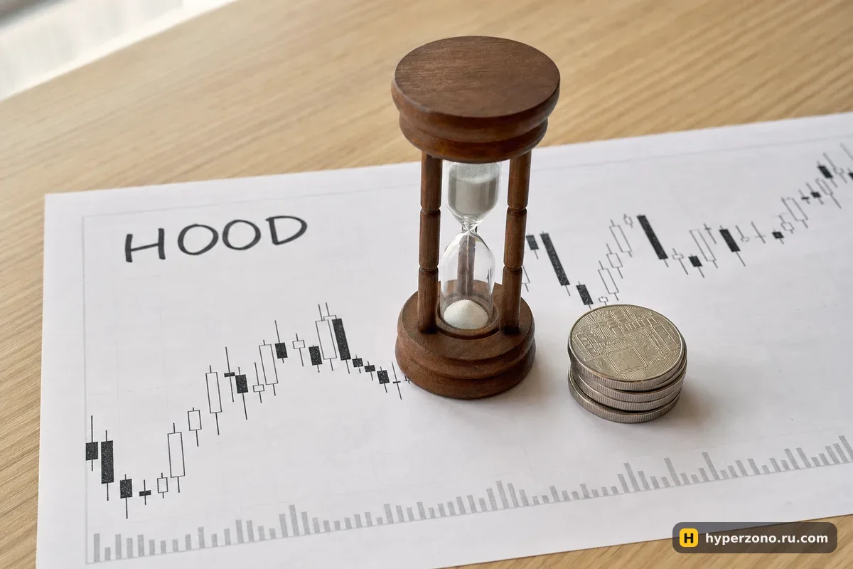 Распечатанный свечной график с надписью HOOD, на нём песочные часы и стопка монет