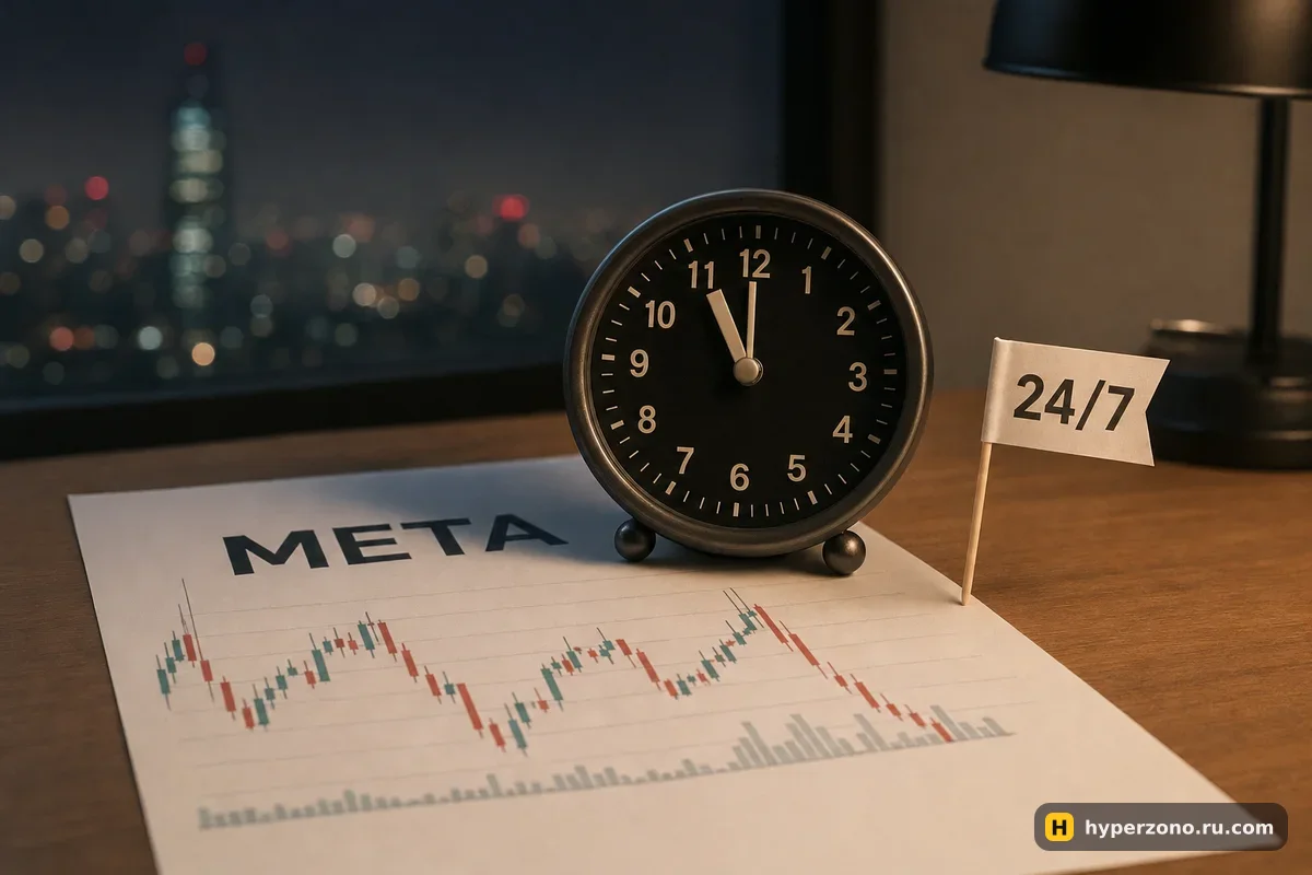 Распечатанный отчёт с надписью META, рядом настольные часы с ночным временем и флажок 24/7
