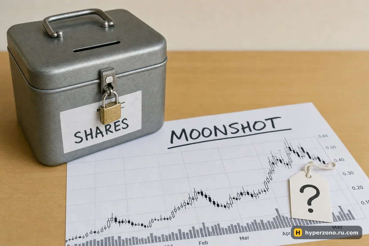 Запертая коробка с надписью SHARES и рядом распечатанный график цены Moonshot