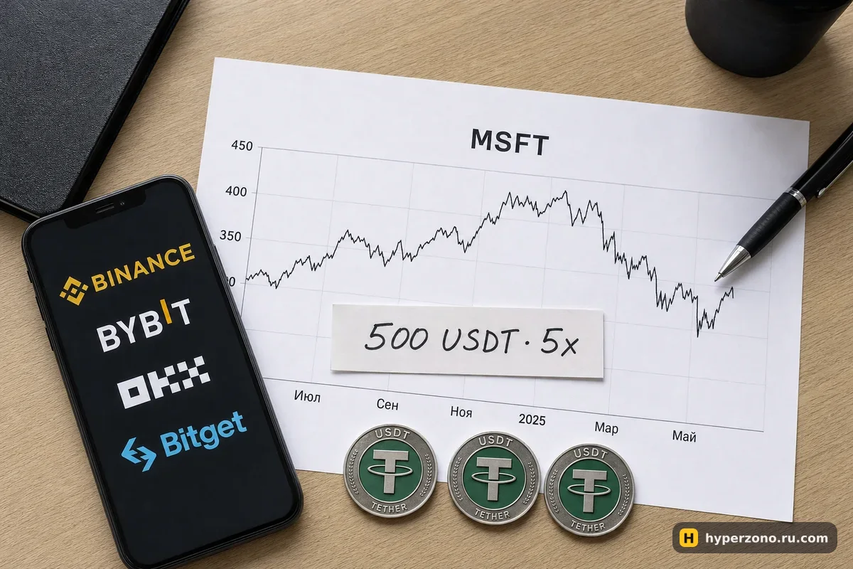 Распечатанный график цены MSFT, бумажная бирка «500 USDT · 5x» и монеты USDT на столе