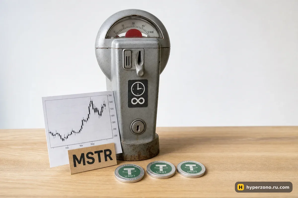 Парковочный счётчик рядом с распечатанным графиком, биркой MSTR и монетами USDT