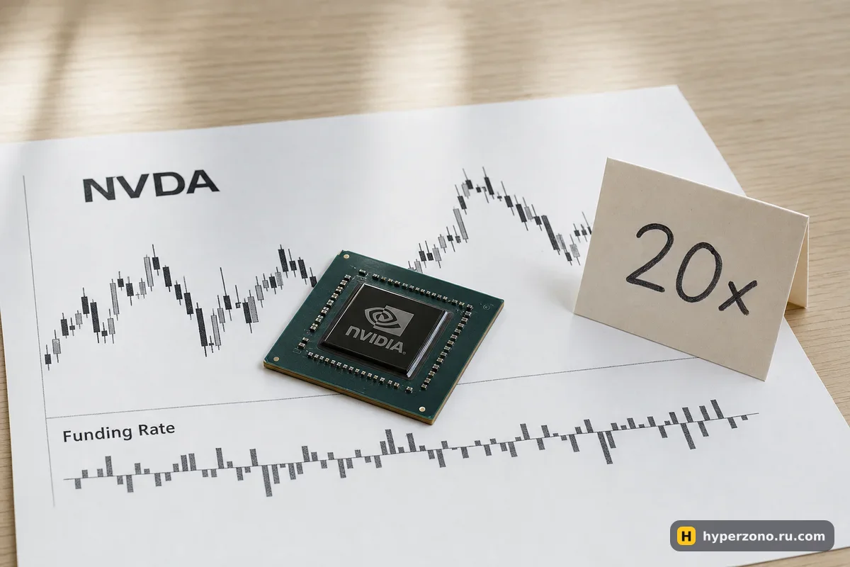 Компьютерный чип лежит на распечатанном графике с подписью NVDA, рядом бумажная карточка 20x