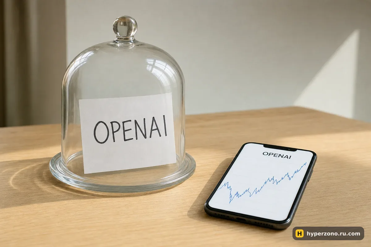 Карточка с надписью OPENAI под стеклянным колпаком и рядом телефон с графиком