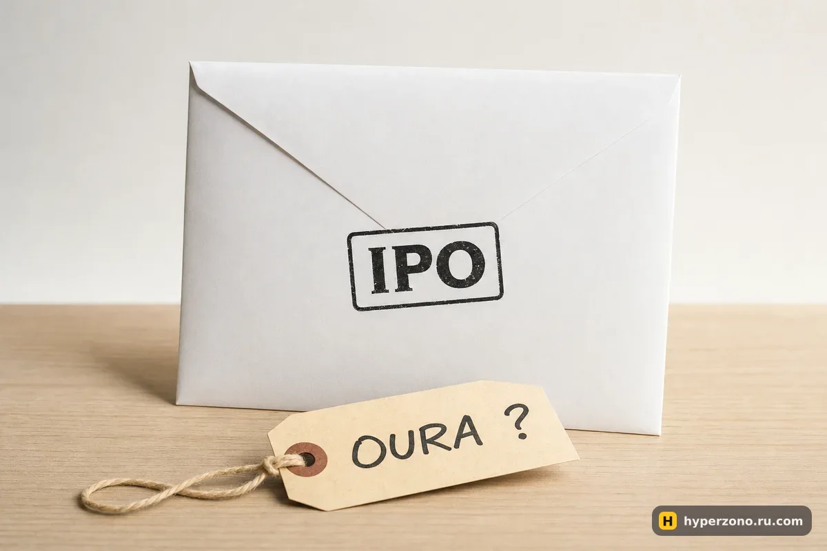Запечатанный конверт с надписью IPO и бумажный ценник с надписью OURA