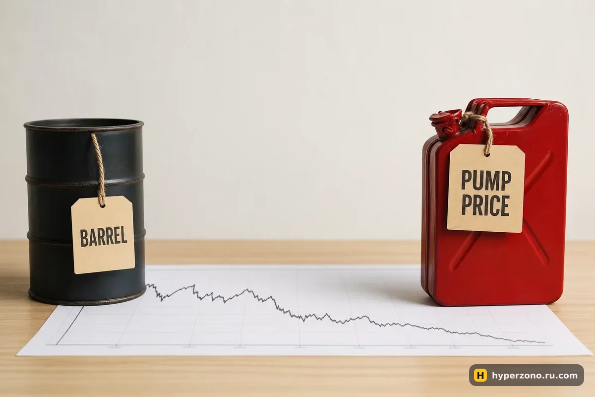 Металлическая бочка с биркой BARREL и красная канистра с биркой PUMP PRICE по краям стола, между ними пустое место