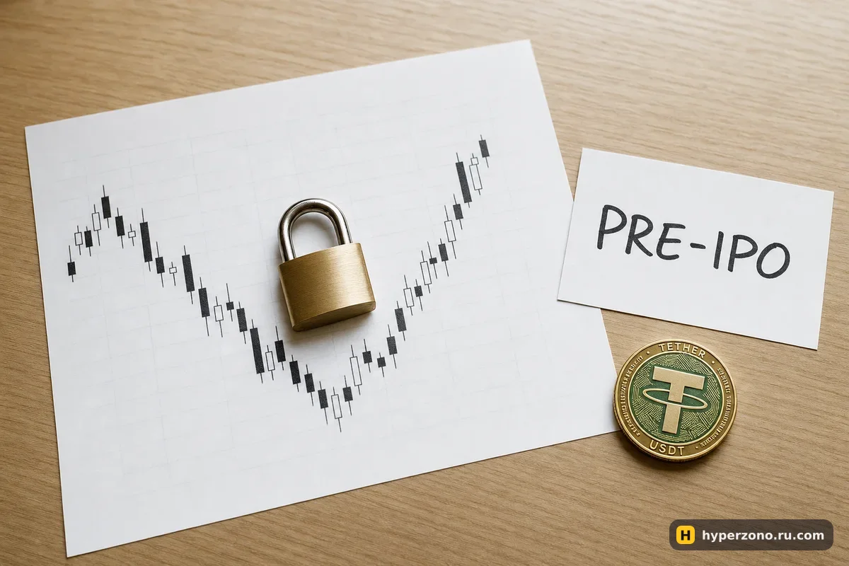Распечатанный свечной график с закрытым замком, карточка с надписью PRE-IPO и монета USDT на деревянном столе
