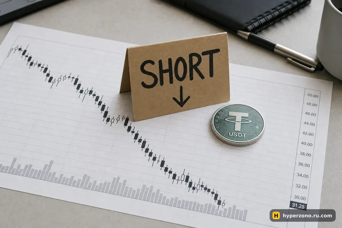 Распечатанный падающий график акции, табличка SHORT со стрелкой вниз и монета USDT