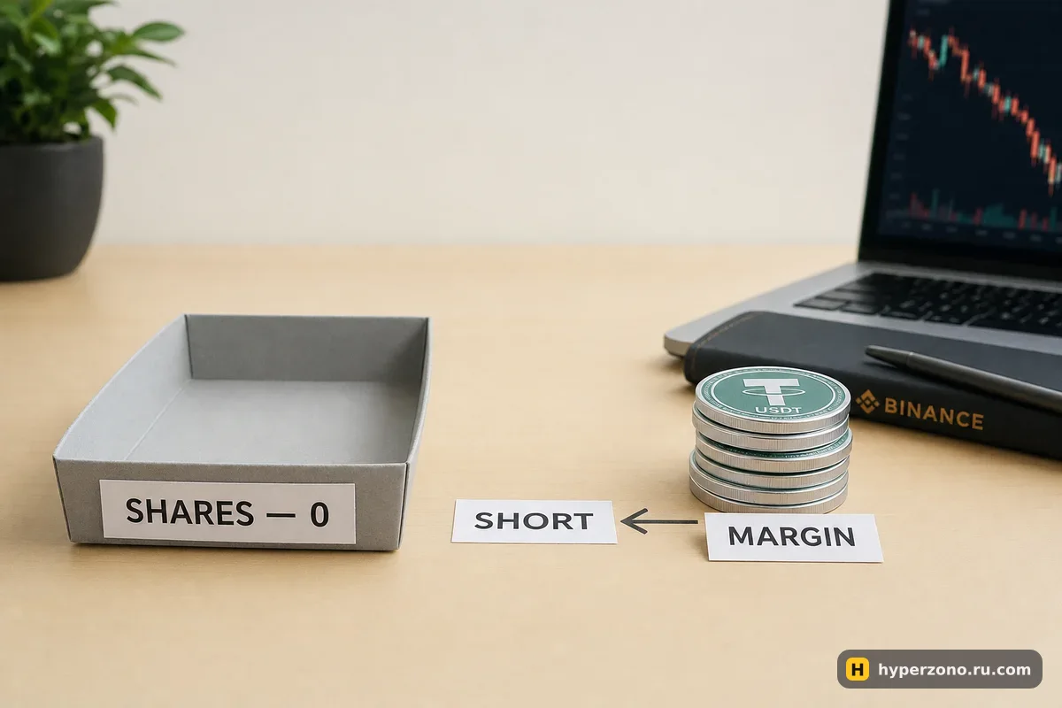 Пустой лоток с надписью SHARES 0 и стопка монет USDT с биркой MARGIN на столе